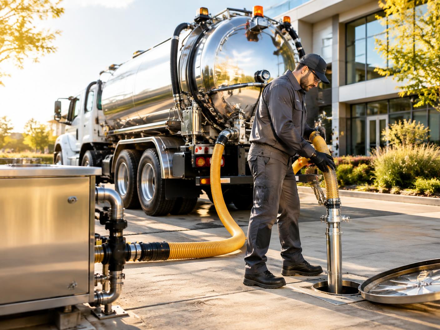 Professional technician operating septic and wastewater pumping equipment